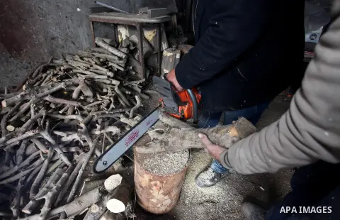 Palestinian lumberjacks cut and prepares firewood for sale and production of charcoal at a workshop, Gaza City, on February 26, 2019. Photo by Mahmoud Ajjour