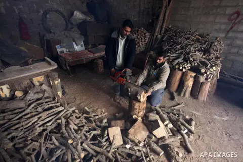 Palestinian lumberjacks cut and prepares firewood for sale and production of charcoal at a workshop, Gaza City, on February 26, 2019. Photo by Mahmoud Ajjour