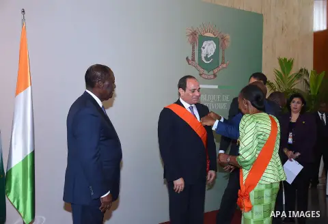 Egyptian President Abdel-Fattah al-Sissi meets with Cote d'Ivoire's President Alassane Ouattara in Abidjan, Cote d'Ivoire, on April 11, 2019. Photo by Egyptian President Office