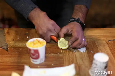 Samer al-Zuhdi, a 27 year-old Palestinian man, works in a street cafe, at the beach of Gaza city, on April 21, 2019. Al-Zuhdi works at his own street cafe named Mövenpick " a world-class Hotels & Resorts management compa...