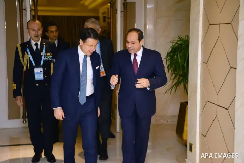 A handout photo made available by Egyptian Presidency shows Egyptian President Abdel Fattah al-Sisi meeting with Italian Prime Minister Giuseppe Conte, in Beijing, China, 27 April 2019. Photo by Egyptian President Office