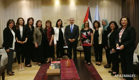 Palestinian Prime Minister Mohammad Ishtayeh meets with the delegation of Women's Coalition for Justice and Equality "Erada" at his headquarter, in the West Bank city of Ramallah, April 28, 2019. Photo by Prime Minister...