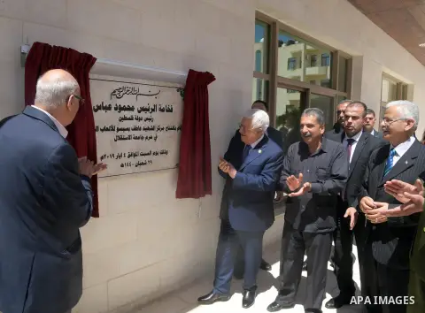 Palestinian President Mahmoud Abbas attends an opening ceremony of new sectors at al-Isteqlal University, in the West Bank city of Jericho, May 04, 2019. Photo by Thaer Ganaim