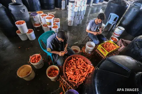 Palestinian workers cheak the pickled vegetables during the Muslims holy month of Ramadan at Pickles Factory in Dair Al Balah in the central of Gaza Strip on May 27, 2019. Photo by Mahmoud Khattab