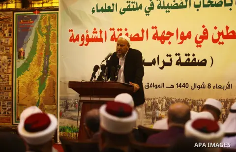 Members of the Palestine Scholars Association attend a meeting against normalization with Israel, in Gaza city on June 12, 2019. Photo by Mahmoud Ajjour