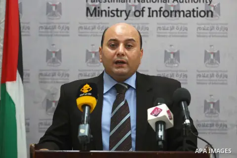Spokesman for the Attorney General Ziad Al-Nimra speaks during a press confernce in Gaza city, on June 23, 2019. Photo by Mahmoud Ajjour