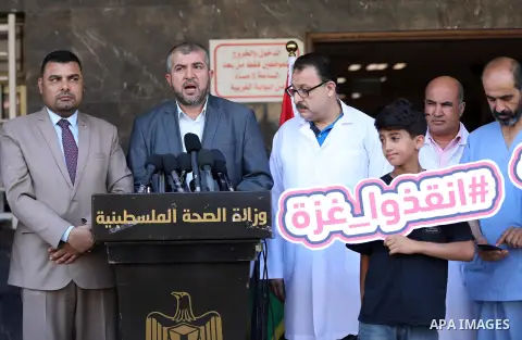 A Palestinian doctor Mounir Al Bursh, speaks during a press conference about the continuing crisis of medicine at al-Shifa hospital, in Gaza city on July 23, 2019. Photo by Mahmoud Naser