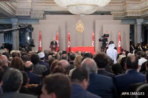 Palestinian President Mahmoud Abbas, attends the funeral of late Tunisian President Beji Caid Essebsi, in Tunis, Tunisia, July 27, 2019. Photo by Thaer Ganaim