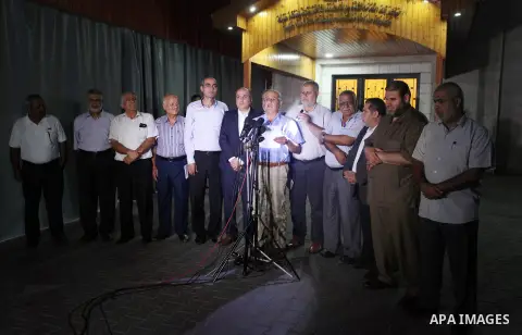 Palestinians attend press conference about strike of prisoners in Israeli jails in Gaza City on seprember 19, 2019. Approximately 140 Palestinian prisoners behind bars in Israeli jails banded together to continue a hunge...