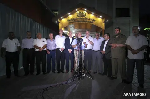 Palestinians attend press conference about strike of prisoners in Israeli jails in Gaza City on seprember 19, 2019. Approximately 140 Palestinian prisoners behind bars in Israeli jails banded together to continue a hunge...