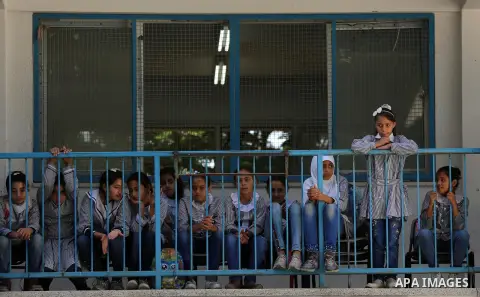 Palestinian students attend the Sea and Freedom Festival, at their school run by the United Nations Relief and Works Agency (UNRWA), in Beit Hanoun in the northern Gaza Strip, on September 26, 2019. Photo by Ashraf Amra