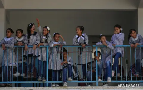 Palestinian students attend the Sea and Freedom Festival, at their school run by the United Nations Relief and Works Agency (UNRWA), in Beit Hanoun in the northern Gaza Strip, on September 26, 2019. Photo by Ashraf Amra
