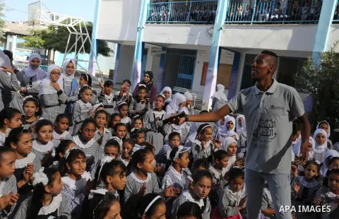 Palestinian students attend the Sea and Freedom Festival, at their school run by the United Nations Relief and Works Agency (UNRWA), in Beit Hanoun in the northern Gaza Strip, on September 26, 2019. Photo by Ashraf Amra