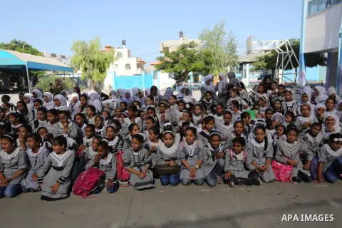 Palestinian students attend the Sea and Freedom Festival, at their school run by the United Nations Relief and Works Agency (UNRWA), in Beit Hanoun in the northern Gaza Strip, on September 26, 2019. Photo by Ashraf Amra
