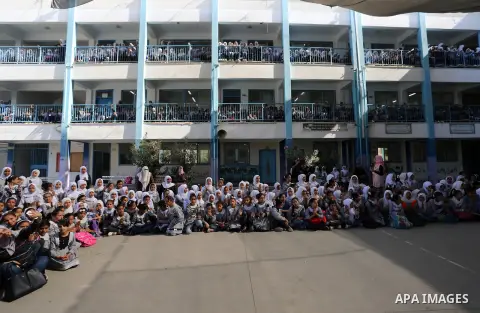 Palestinian students attend the Sea and Freedom Festival, at their school run by the United Nations Relief and Works Agency (UNRWA), in Beit Hanoun in the northern Gaza Strip, on September 26, 2019. Photo by Ashraf Amra