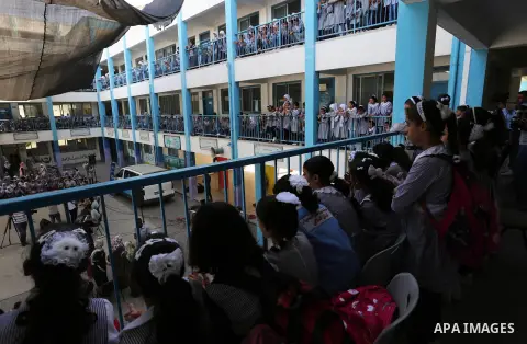 Palestinian students attend the Sea and Freedom Festival, at their school run by the United Nations Relief and Works Agency (UNRWA), in Beit Hanoun in the northern Gaza Strip, on September 26, 2019. Photo by Ashraf Amra