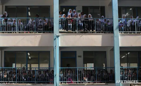 Palestinian students attend the Sea and Freedom Festival, at their school run by the United Nations Relief and Works Agency (UNRWA), in Beit Hanoun in the northern Gaza Strip, on September 26, 2019. Photo by Ashraf Amra