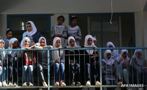 Palestinian students attend the Sea and Freedom Festival, at their school run by the United Nations Relief and Works Agency (UNRWA), in Beit Hanoun in the northern Gaza Strip, on September 26, 2019. Photo by Ashraf Amra