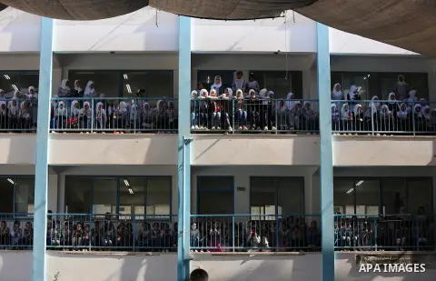 Palestinian students attend the Sea and Freedom Festival, at their school run by the United Nations Relief and Works Agency (UNRWA), in Beit Hanoun in the northern Gaza Strip, on September 26, 2019. Photo by Ashraf Amra