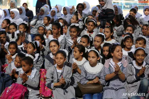 Palestinian students attend the Sea and Freedom Festival, at their school run by the United Nations Relief and Works Agency (UNRWA), in Beit Hanoun in the northern Gaza Strip, on September 26, 2019. Photo by Ashraf Amra