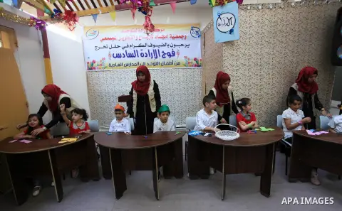 Palestinian children who are autistic paly during an entertainment day, in Gaza city, on September 28, 2019. Autism is a developmental disorder characterized by difficulties with social interaction and communication. Pho...