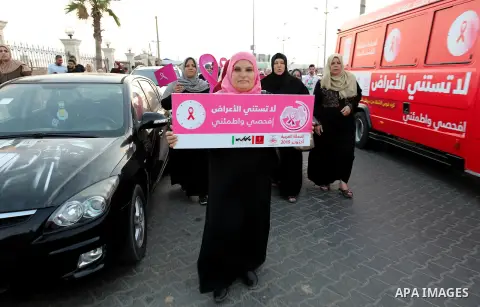 Palstininans take part in a rally during the Breast Cancer Awareness campaign at Gaza port in Gaza City, on October 1, 2019. Photo by Mahmoud Abu Hasira