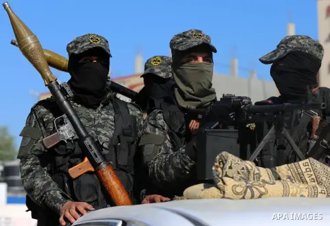 Palestinian militants of Islamic Jihad Movement, take part during a military parade in Gaza city on October 3, 2019. Photo by Ashraf Amra
