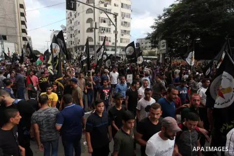 Palestinians attend a rally marking the 32th anniversary of the foundation of the Islamic Jihad movement in Gaza City, on October 05, 2019. Photo by Mahmoud Ajjour