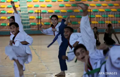 Palestinian Karate players take part in a Karate class in Khan Younis in the southern of Gaza strip, on October 19, 2019. Photo by Ashraf Amra