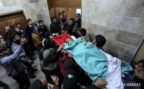 Palestinians carry the body of Palestinian Fahd Alastal,16, at the mortuary of European Hospital, who was killed by Israeli troops, on the eastern border of the city of Khan Younis November 29 ,2019. Photo by Ashraf Amra