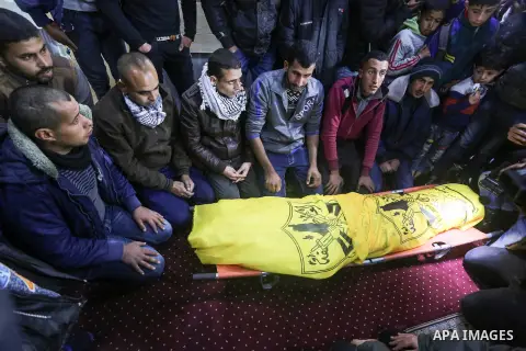 Relatives of Palestinian farmer Mahdi Ermelat, 36, mourn during his funeral in Rafah in the southern Gaza Strip January 19, 2020. Ermelat, was announced dead in the explosion while another man was critically injured, and...