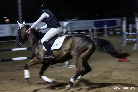 A Palestinian horse rider on his horse jumps over a barrier during the first championship in jump barriers for the year 2020, on February 27, 2020. Photo by Mahmoud Ajjour