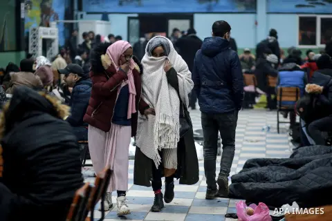 A picture taken on March 1, 2020. Refugees sleep in a makeshift refugee centre established in Edirne region, at the Turkish-Greek border. Migrants and refugees hoping to enter Greece from Turkey appeared to be fanning ou...
