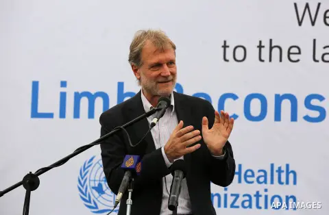 A delegation from the Palestinian Ministry of Health and the World Health Organization attend the opening ceremony of the Limb Reconstruction Center at Nasser Medical Complex in khan Younis in the southern of Gaza strip,...