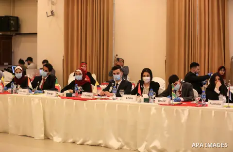 Palestinian students attend the Model United Nations (MUN) Conference Bridge Palestine Gaza Strip 2020, in Gaza City on June 24, 2020, while clad in masks due to the COVID-19 coronavirus pandemic. Model United Nations co...