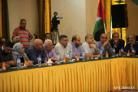 Palestinian members of the National and Islamic forces attend a national meeting against Israel's plan to annex parts of the occupied territory and against US President Donald Trump's Century Deal "expected peace plan",...