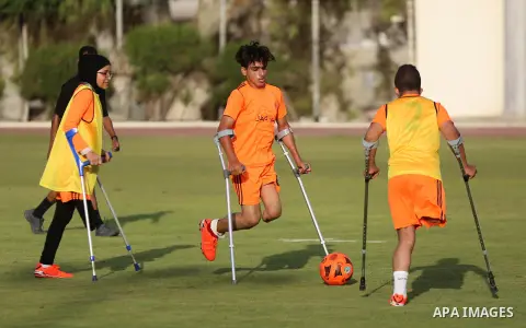 Palestinian amputees players take part in the final match of the amputees football league in Alyarmuk stadium in Gaza City,on July 29, 2020. Photo by Ashraf Amra