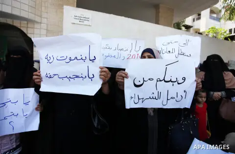 Palestinian families of martyrs and woundeds take part a protest to demand their rights and salaries, in Gaza city, on August 4, 2020. Photo by Mahmoud Ajjour