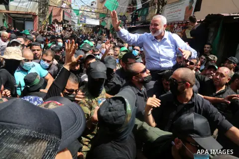 A picture taken on September 6, 2020. Hamas' political bureau chief Ismail Haniya visits the Ain al-Hilweh refugee camp, south Lebanon. Photo by Media office