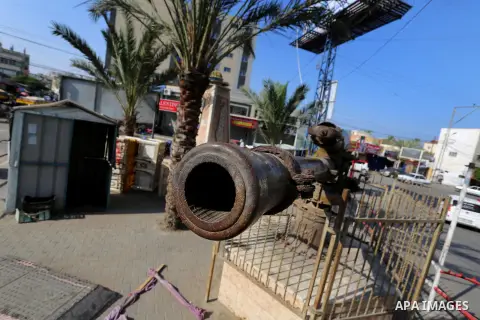 The old British war cannon, is seen, in Dair Balah in the center of Gaza strip, on September 14, 2020. The cannon was extracted from a British warship that sank off the coast of Deir al-Balah in World War II. Photo by As...