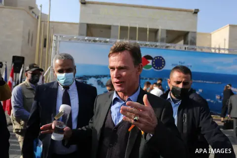 Sven Kuhn von Burgsdorff, head of the European Union’s mission to the West Bank and Gaza Strip, speaks during a press confernce in Gaza Strip on December 8, 2020. Once the vaccine is available, it would be first provided...