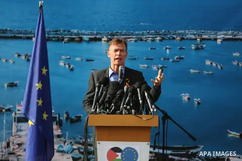 Sven Kuhn von Burgsdorff, head of the European Union’s mission to the West Bank and Gaza Strip, speaks during a press confernce in Gaza Strip on December 8, 2020. Once the vaccine is available, it would be first provided...