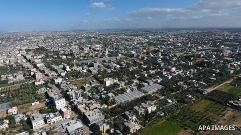 This picture taken on January 16, 2021, shows an aerial view of the Deir al-Balah refugee camp in the central Gaza Strip, during a complete closure amid the spread of the Coronavirus COVID-19. In the Sixth week after the...