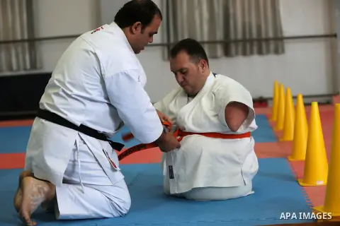 Disabled Palestinian man Youssef Abu Amira, 24, practices Karate in a club, in Gaza City January 25, 2021. Para-karate is the newest evolution of the martial art discipline that evolved in Japan. The new class of karate...