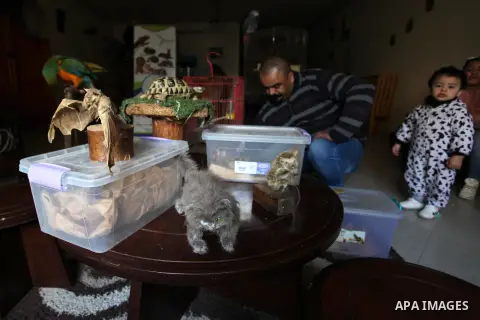 Palestinian Rasheed Anbar, 35, keeps animals and birds and uses dead animals for embalming at his home in Gaza city on January 26, 2021. Anbar embalming dead animals and displays it in schools and kindergartens for educa...