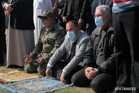 Senior Hamas leader Fathi Hammad, takes part in a funeral of the leader Ibrahim Al-Yazuri,80, who died of the coronavirus (COVID-19) pandemicin, Gaza City on February 12, 2021. Al-Yazuri is one of the founders of the Ham...