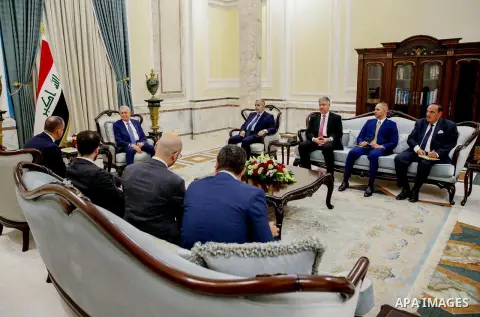 Iraqi President Abdul Latif Jamal Rashidreceives His Excellency the Armenian Minister of Economy, Mr. Vahan Keropian and his accompanying delegation,in Iraq on September 12, 2023 .Photo by Iraqi Presidency Office\ apaima...