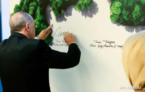 Turkish President Recep Tayyip Erdogan attends the signing ceremony at the 'Towards a Global Zero Waste Movement' event held under the leadership of his wife Emine Erdogan ahead of the 78th session of the United Nations...