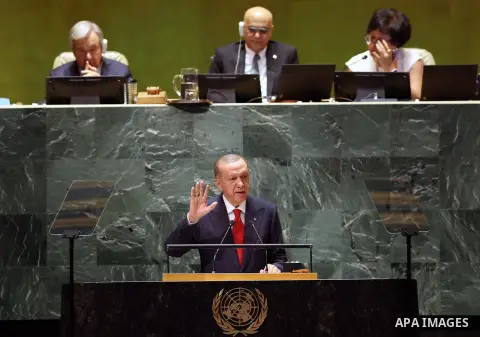 Turkish President Recep Tayyip Erdogan delivers his remarks during the 78th session of the United Nations (UN) General Assembly at UN headquarters in New York, United States on September 19, 2023. Photo by Photo by Turki...