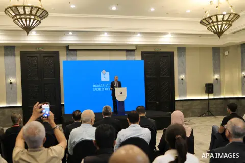 Palestinian businessman, Bashar Al-Masry speaks during the announcement of an electricity generation project in Gaza city on September 21, 2023. Photo by Salam Yasser\ apaimages
